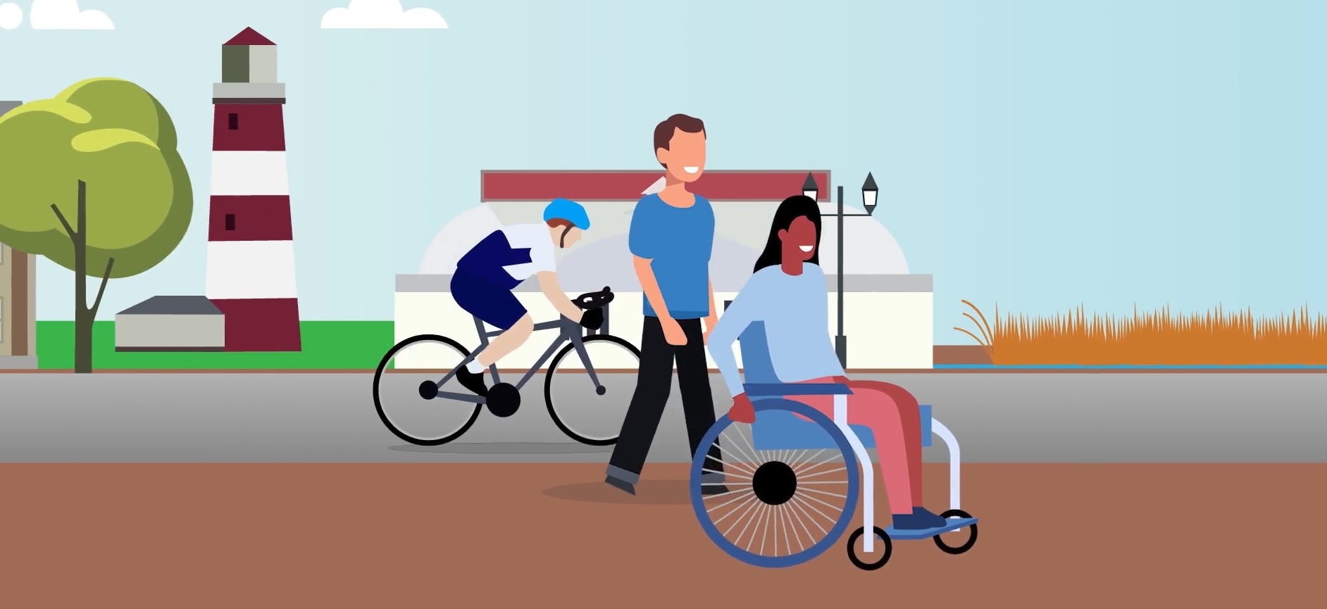 Cartoon of people cycling, walking and using a wheelchair in Norfolk